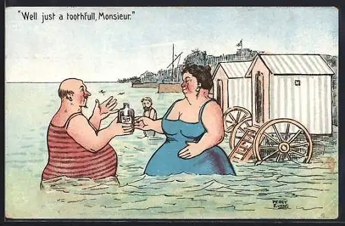 Künstler-AK sign. Percy Evans: Dicke Urlauber trinken Rum im Meer