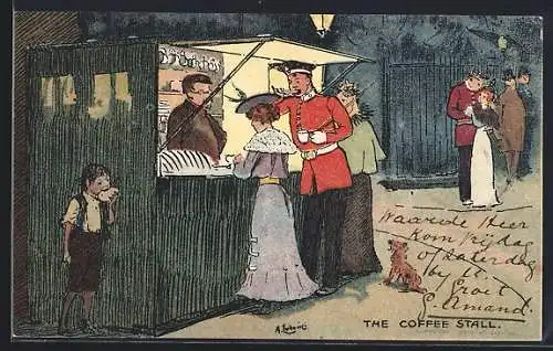Künstler-AK sign. A. Ludovici: Soldat und Damen kaufen Kaffee