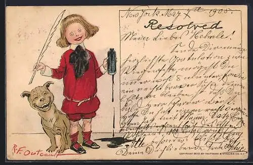 Künstler-AK sign. R. F. Outcault: Kind und Hund mit Tinte und Feder
