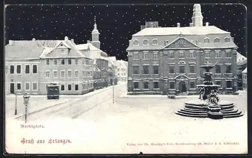 AK Erlangen, Marktplatz im Winter, mit Strasse aus der Vogelschau, Denkmal