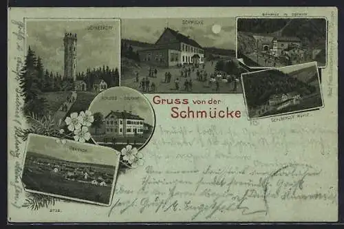 Mondschein-Lithographie Oberhof / Thüringen, Bahnhof, Schloss, Gasthaus Schmücke