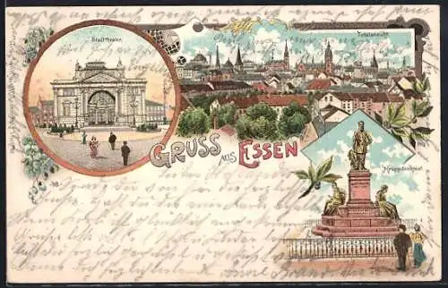 Lithographie Essen / Ruhr, Stadtthor, Kruppdenkmal, Totalansicht