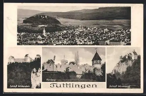 AK Tuttlingen, Schlösser Wildenstein u. Werenwag, Hornberg, Totalansicht mit Bergpanorama