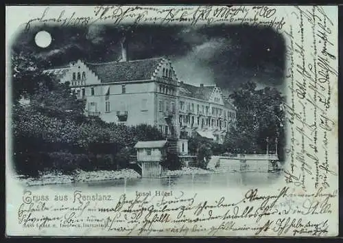 Mondschein-AK Konstanz, Insel Hotel vom Wasser aus