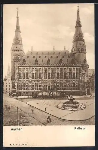 AK Aachen, Rathaus mit Vorplatz und Springbrunnen
