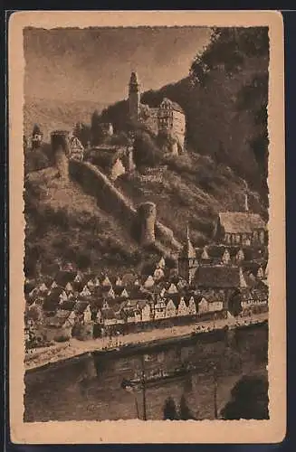Künstler-AK Hirschhorn /Neckar, Schloss und Flusspartie mit Dampfer