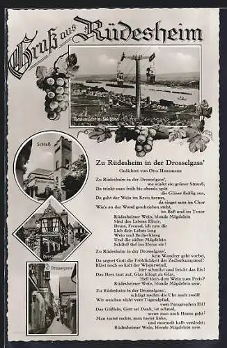 AK Rüdesheim / Rhein, Totalansicht mit Seilbahn, Schloss, Drosselhof und Drosselgasse, Gedicht von Otto Hausmann