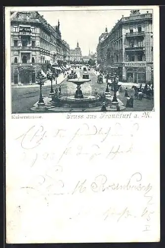AK Frankfurt a. M., Kaiserstrasse mit Springbrunnen, Strassenbahn und Pferdekutschen