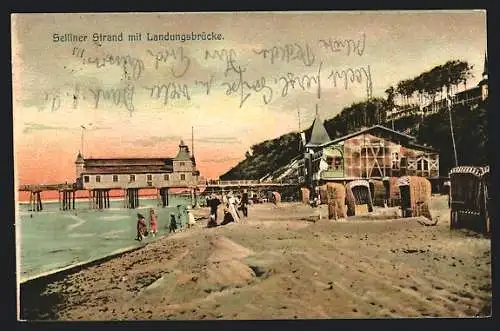 AK Sellin, Strand mit Landungsbrücke und Badegästen und Strandkörben
