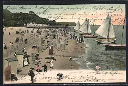 AK Heringsdorf / Ostseebad, Strandpartie vom Familienbad mit Badegästen und Segelbooten