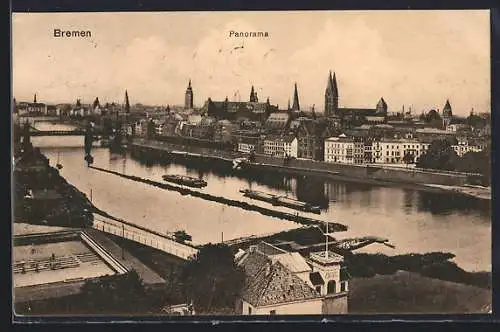 AK Bremen, Hafenpartie mit Panorama