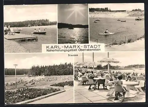 AK Karl-Marx-Stadt, Naherholungsgebiet Oberrabenstein, Strandpartien mit Booten, Terrasse und Gartenanlage