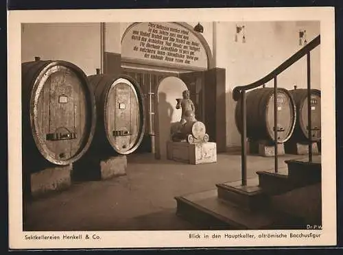 AK Wiesbaden, Sektkellereien Henkel & Co., Hauptkeller mit altrömischer Bacchusfigur, Fässern