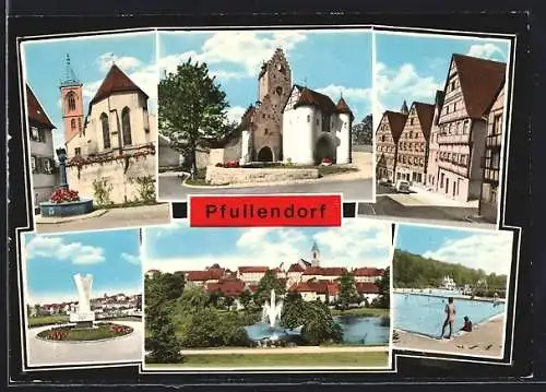 AK Pfullendorf, Kirche, Parkanlagen, Schwimmbad, Denkmal und Strassenpartiem