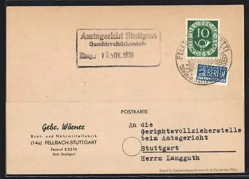 AK Stuttgart, Korrespondenzkarte Brot- und Nährmittelfabrik Gebr. Wörner