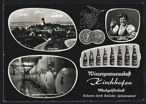 AK Kirchhofen / Breisgau, Ortsansicht und Winzergenossenschaft, Teilansicht der Kelleranlage, Weinkönigin Trudel Ehret