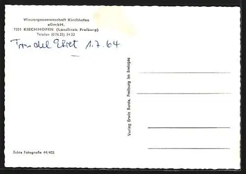 AK Kirchhofen / Breisgau, Ortsansicht und Winzergenossenschaft, Teilansicht der Kelleranlage, Weinkönigin Trudel Ehret