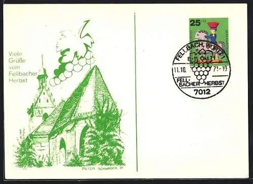 Künstler-AK Fellbach /Württ., Fellbacher Herbst 1971, Blick auf die Kirche