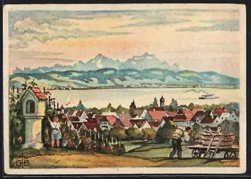 Künstler-AK Nonnenhorn, Ortsansicht, Bodenseelandschaft, Blick in die Schweiz