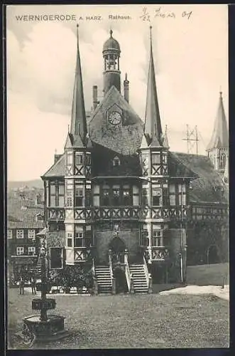 AK Wernigerode a. Harz, Rathaus mit Brunnen