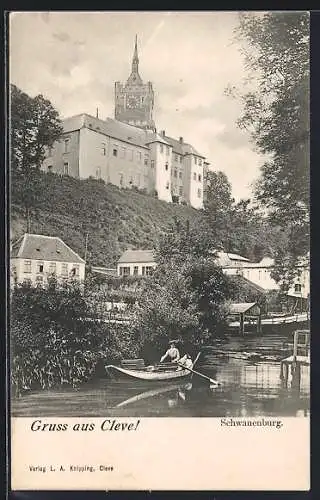 AK Cleve, Flusspartie mit Ruderbooten an der Schwanenburg