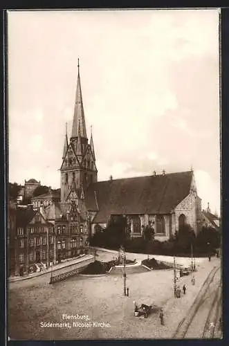 AK Flensburg, Südermarkt und Nicolai-Kirche