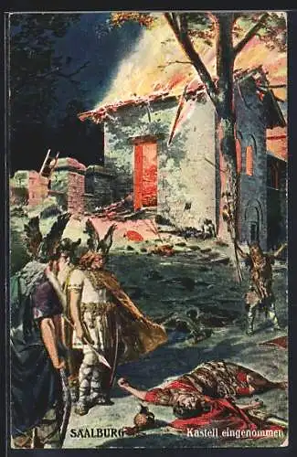 Künstler-AK Saalburg, Kastell eingenommen, Germanen