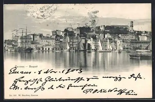 AK Cannes, Vue sur le Suquet et le port avec voiliers