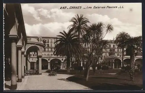 AK Cannes, Les Galeries Fleures avec palmiers et arcades