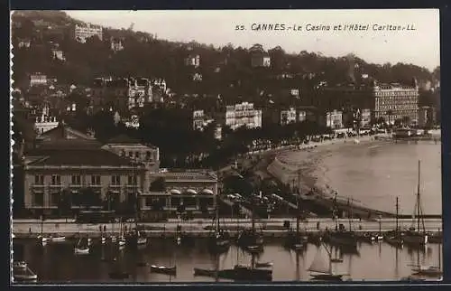 AK Cannes, Le Casino et l`Hôtel Carlton avec vue sur le port et les voiliers