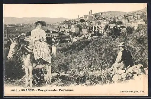 AK Grasse, Vue générale avec paysanne à dos d`âne et village en arrière-plan