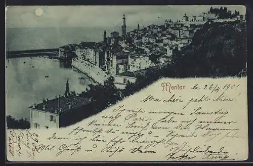 Mondschein-AK Menton, Vue sur la vieille ville et le port au crépuscule