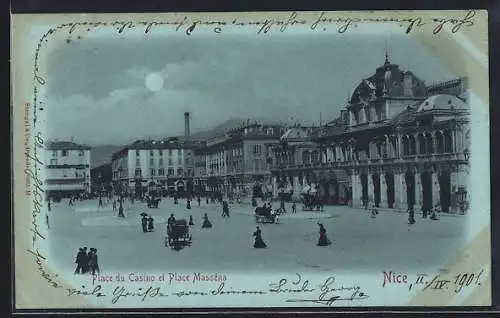 Mondschein-AK Nice, Place du Casino et Place Masséna animée avec passants et calèches