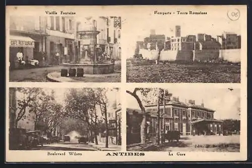 AK Antibes, Vieille Fontaine, Remparts, Boulevard Wilson et La Gare