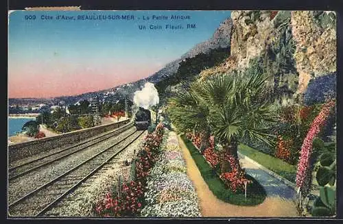 AK Beaulieu-sur-Mer, La Petite Afrique, Un Coin Fleuri avec train sur la Côte d`Azur