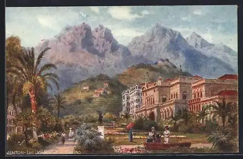 Künstler-AK Menton, Les Jardins et le Casino avec vue sur les montagnes