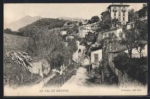 AK Menton, Le Val de Menton avec vue sur la route et les maisons en terrasse