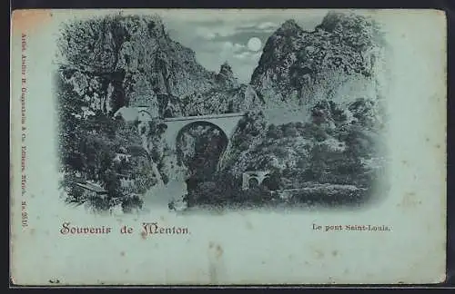 Mondschein-AK Menton, Le pont Saint-Louis sous la lune