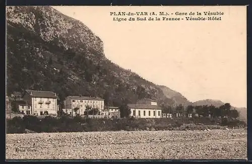 AK Plan-du-Var, Gare de la Vésubie et Hôtel sur la Ligne du Sud de la France