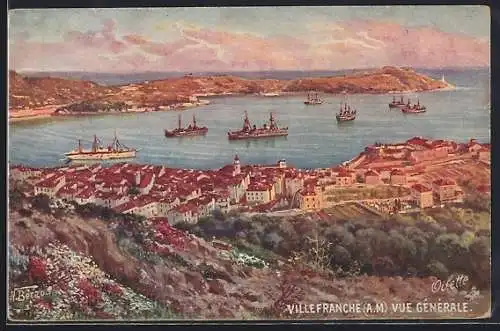Künstler-AK Villefranche, Vue générale avec bateaux dans la baie