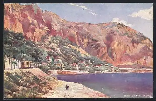 Künstler-AK Beaulieu-Villefranche, Vue sur la côte rocheuse avec tramway et maisons bordant la mer