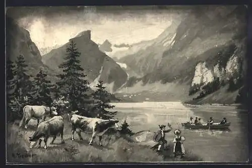 Künstler-AK Hans Treiber: Alpenidyll mit Kühen