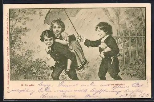 Künstler-AK Hermann Torggler: Knabe trägt Mädchen Huckepack