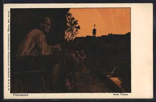 Künstler-AK Hans Thoma: Feierabend, Sonnenuntergang in einem Dorf, Handwerker sitzt auf seiner Terrasse, Hund
