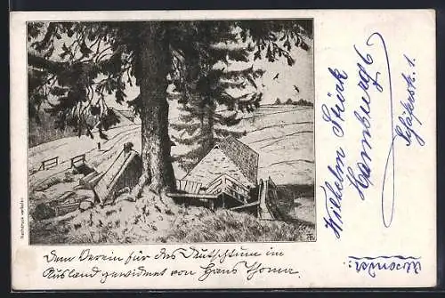 Künstler-AK Hans Thoma: Landschaftsansicht mit Nadelbaum und Häusern
