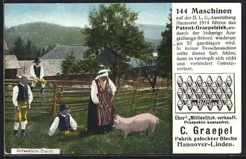 AK Schweden in Tracht mit Schwein
