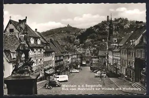 AK Weinheim / Bergstrasse, Blick vom Marktplatz zur Windeck und Wachenburg