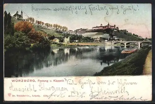 AK Würzburg, Festung und Käppele vom Mainufer gesehen