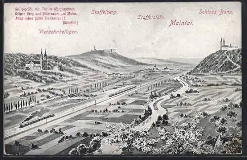 AK Staffelstein / Mainthal, Panorama-Ansicht mit Vierzehnheiligen, Schloss Banz und Staffelberg