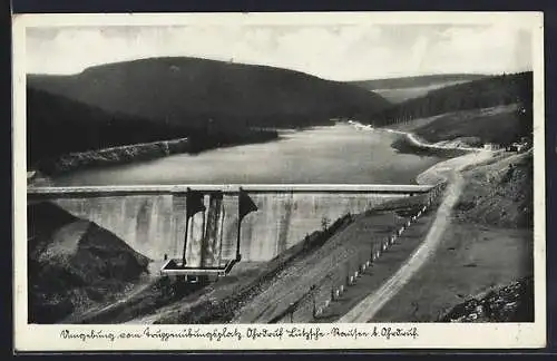 AK Ohrdruf, Lützeln-Stausee mit Staumauer aus der Vogelschau